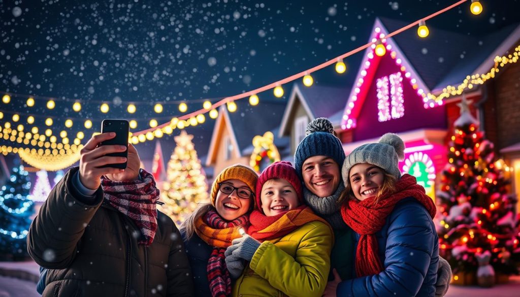 Family taking photos of Christmas lights